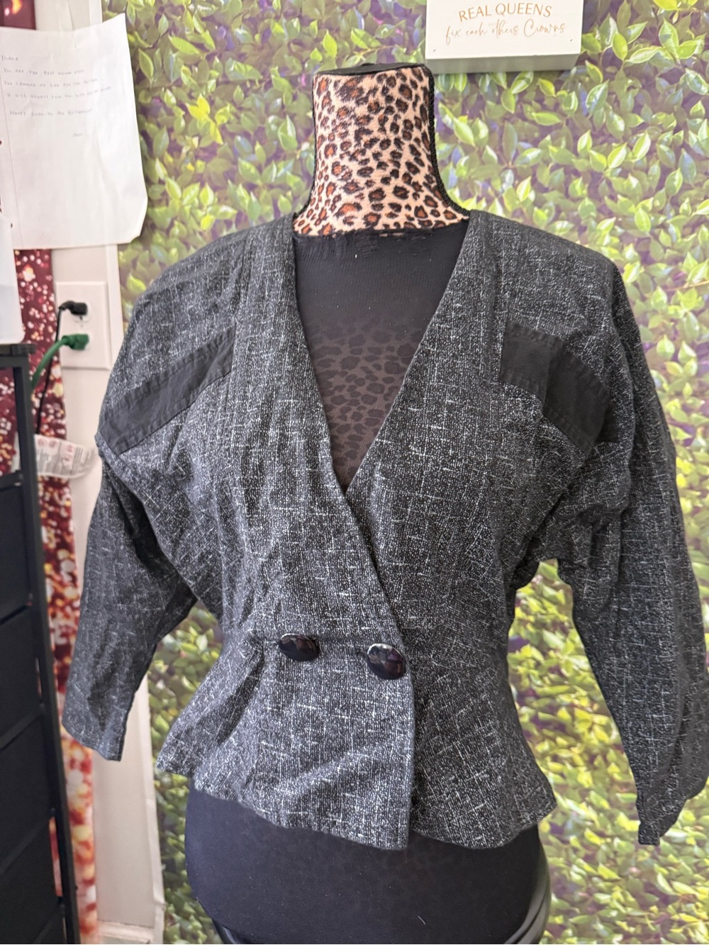 Women's Black Gray Tweed Wrap Jacket with Button Detail mp1